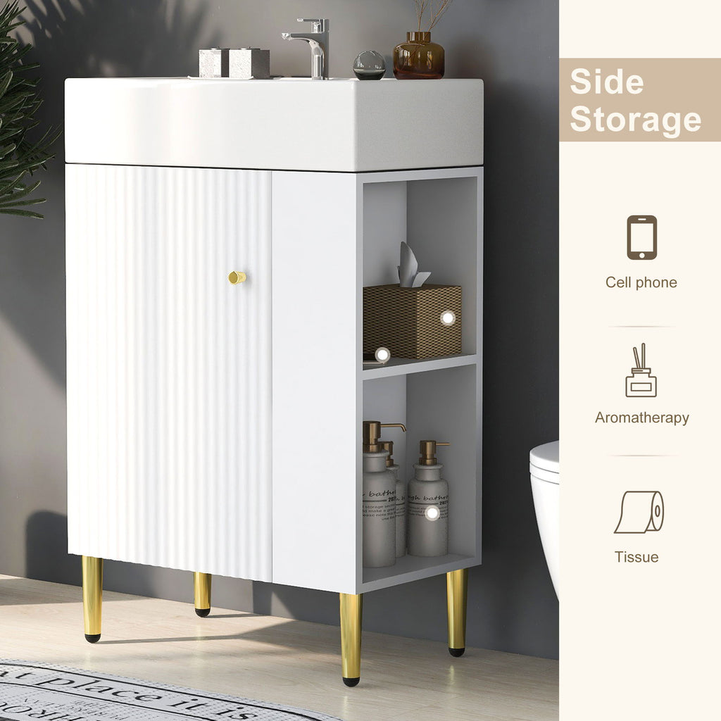 Bathroom Vanity with Single Ceramic Sink and Side Storage - Multiple Colors