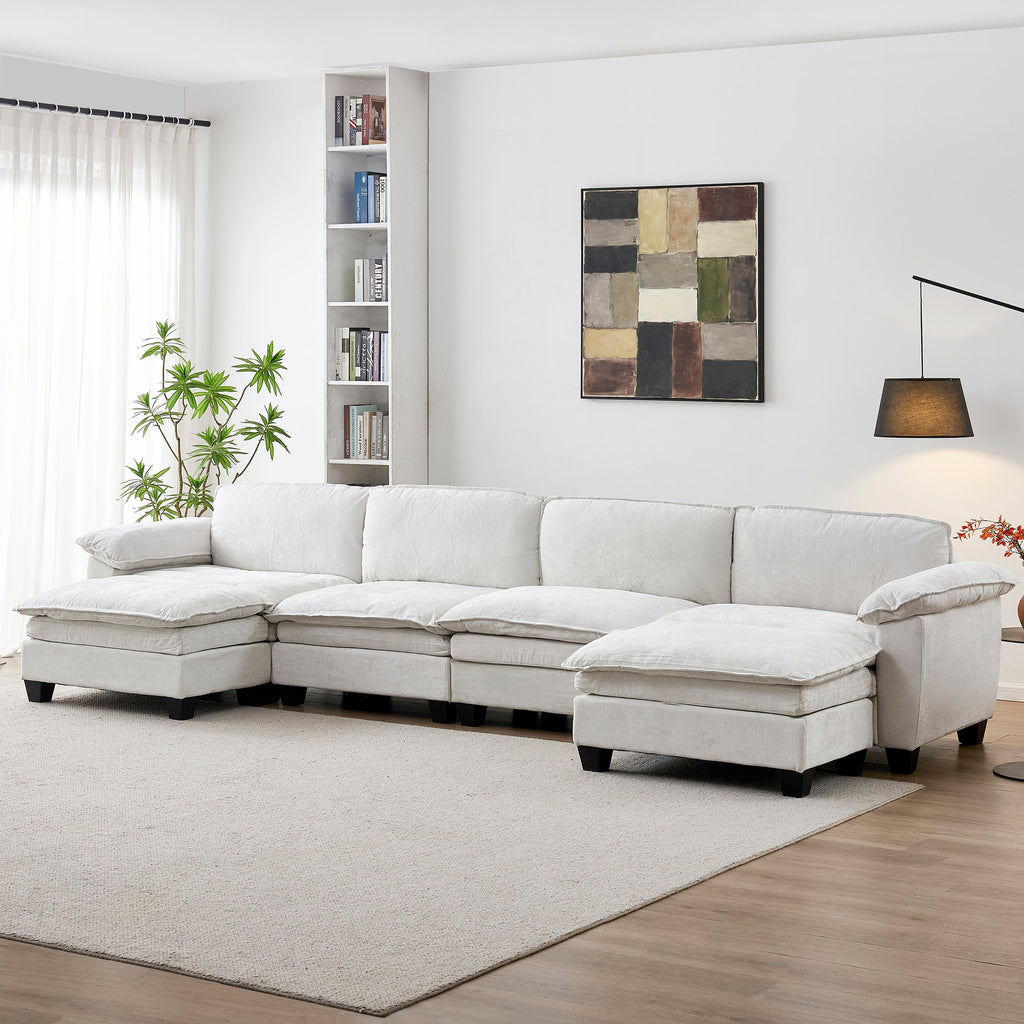 Luxury Four-Seater U-Shape Sofa with Two Ottomans - Chenille