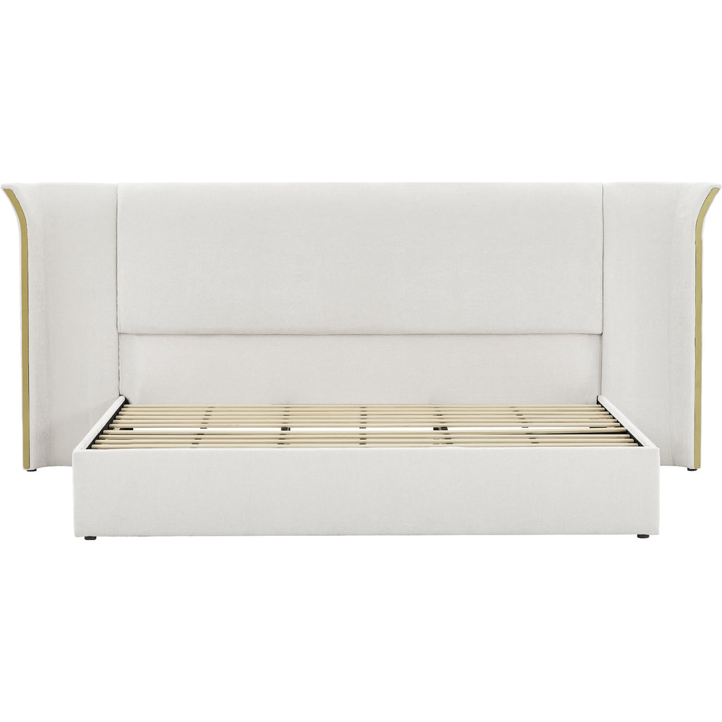 King Size Luxury Wing-Back Upholstered Bed Frame with Padded Headboard - Beige