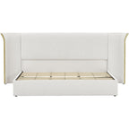 King Size Luxury Wing-Back Upholstered Bed Frame with Padded Headboard - Beige