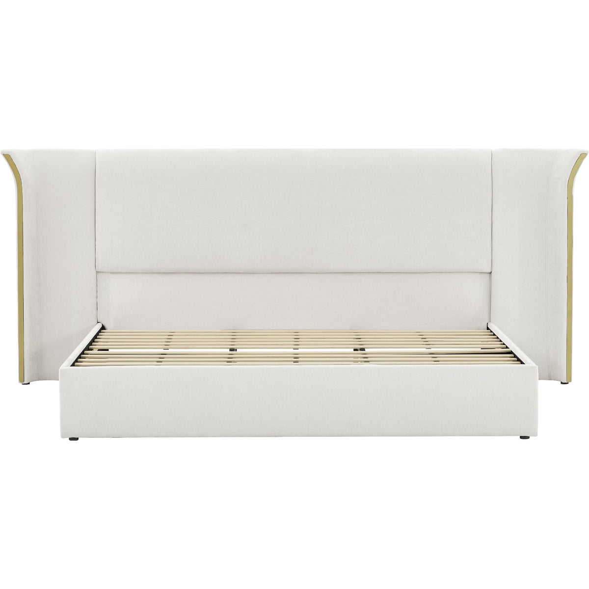 King Size Luxury Wing-Back Upholstered Bed Frame with Padded Headboard - Beige