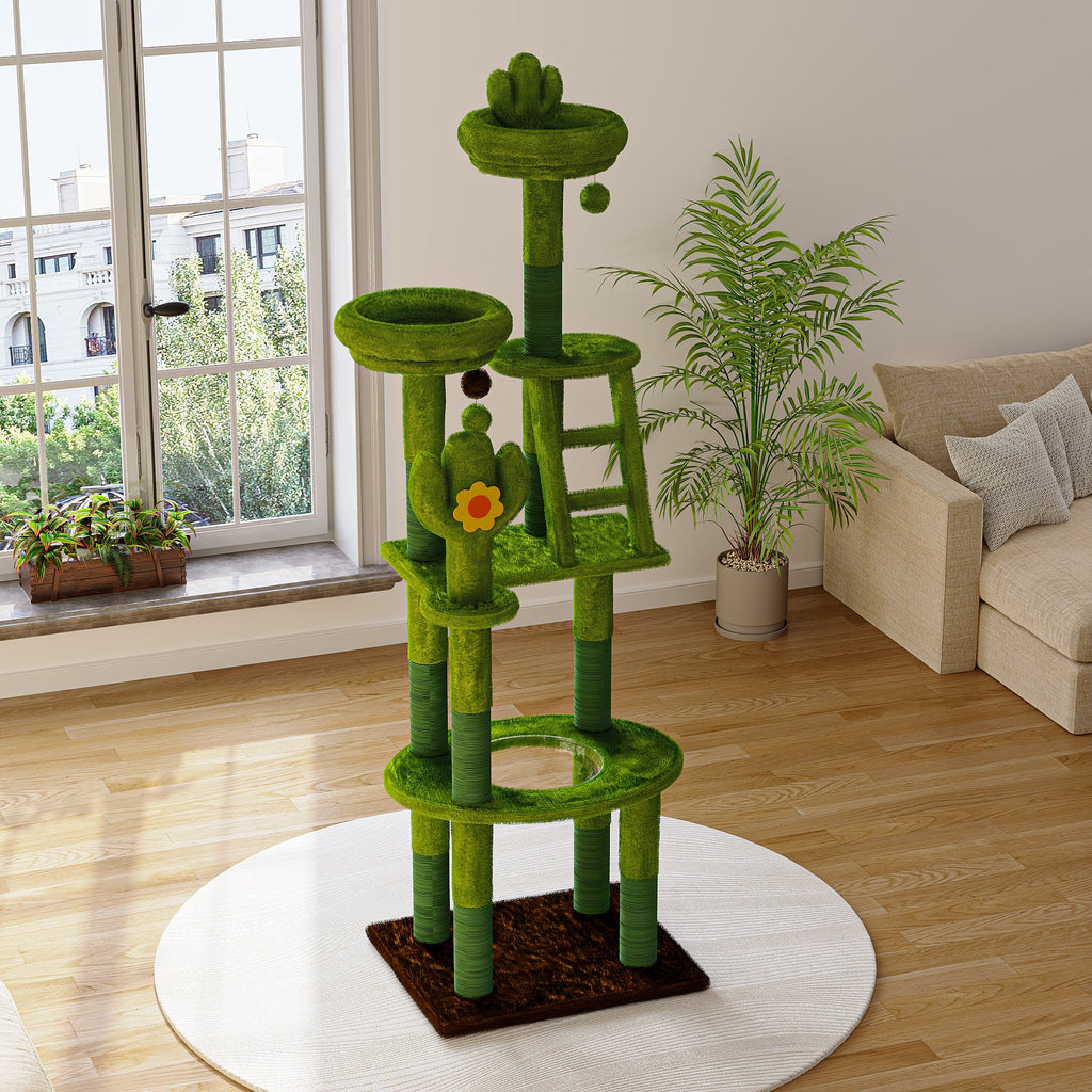 72in Cactus Cat Tree Tower with Transparent Capsule - Green