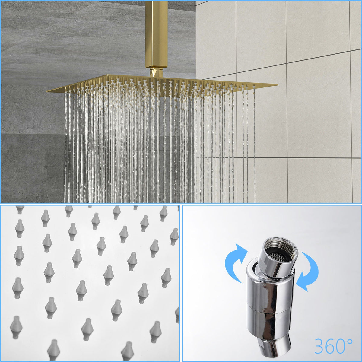 10" Square Rainfall Shower Head with 360° Adjustability – Multiple Colors
