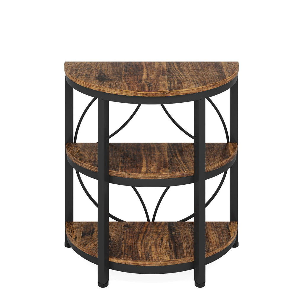 3 Tier Half Moon End Table with Space-Saving Semi Circle Design - Deep Rustic Brown