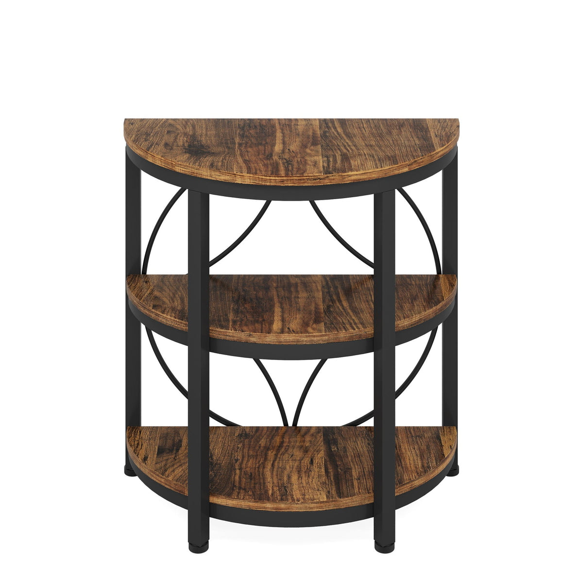 3 Tier Half Moon End Table with Space-Saving Semi Circle Design - Deep Rustic Brown