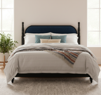 Queen Bed Frame Solid Wood Platform with Upholstered Headboard - Black, Navy Blue
