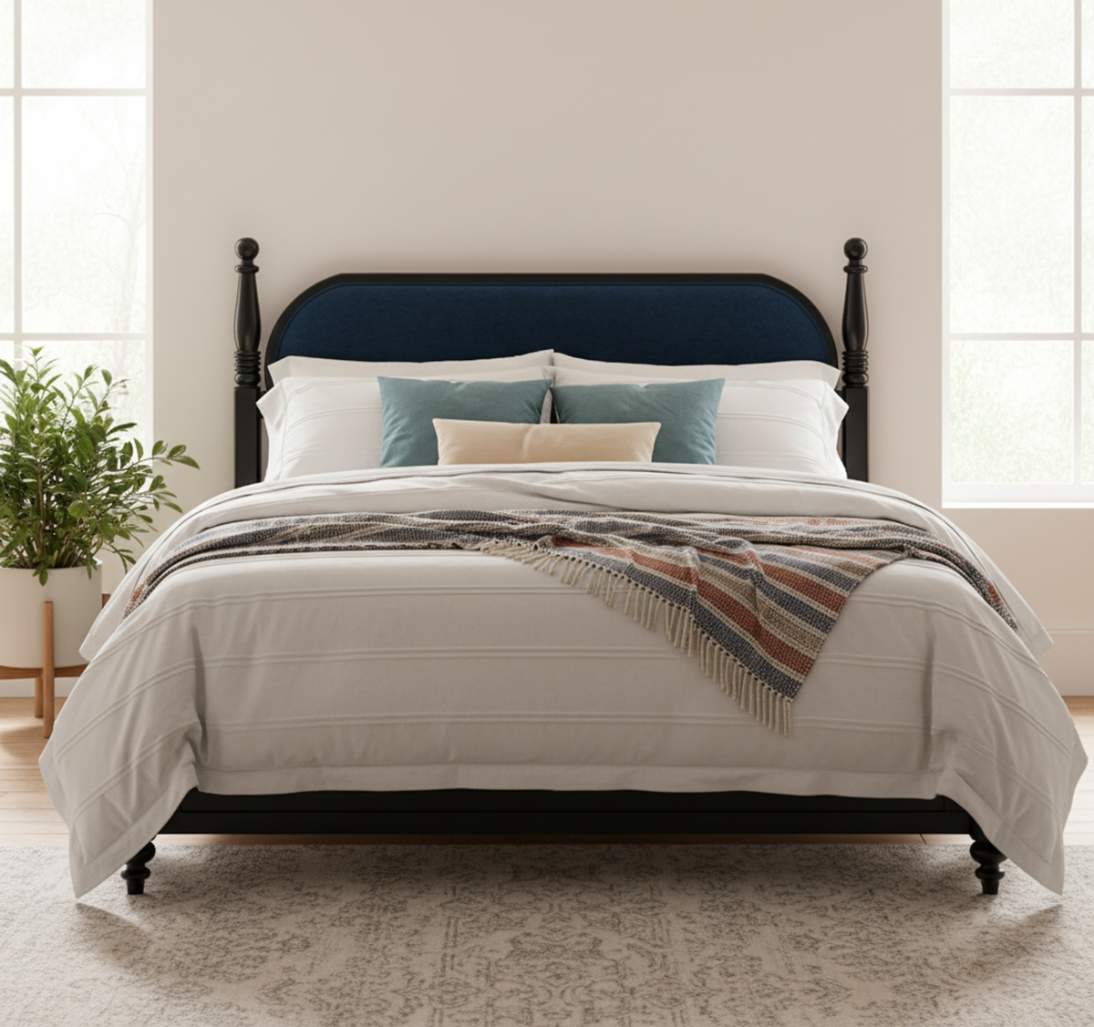 Queen Bed Frame Solid Wood Platform with Upholstered Headboard - Black, Navy Blue