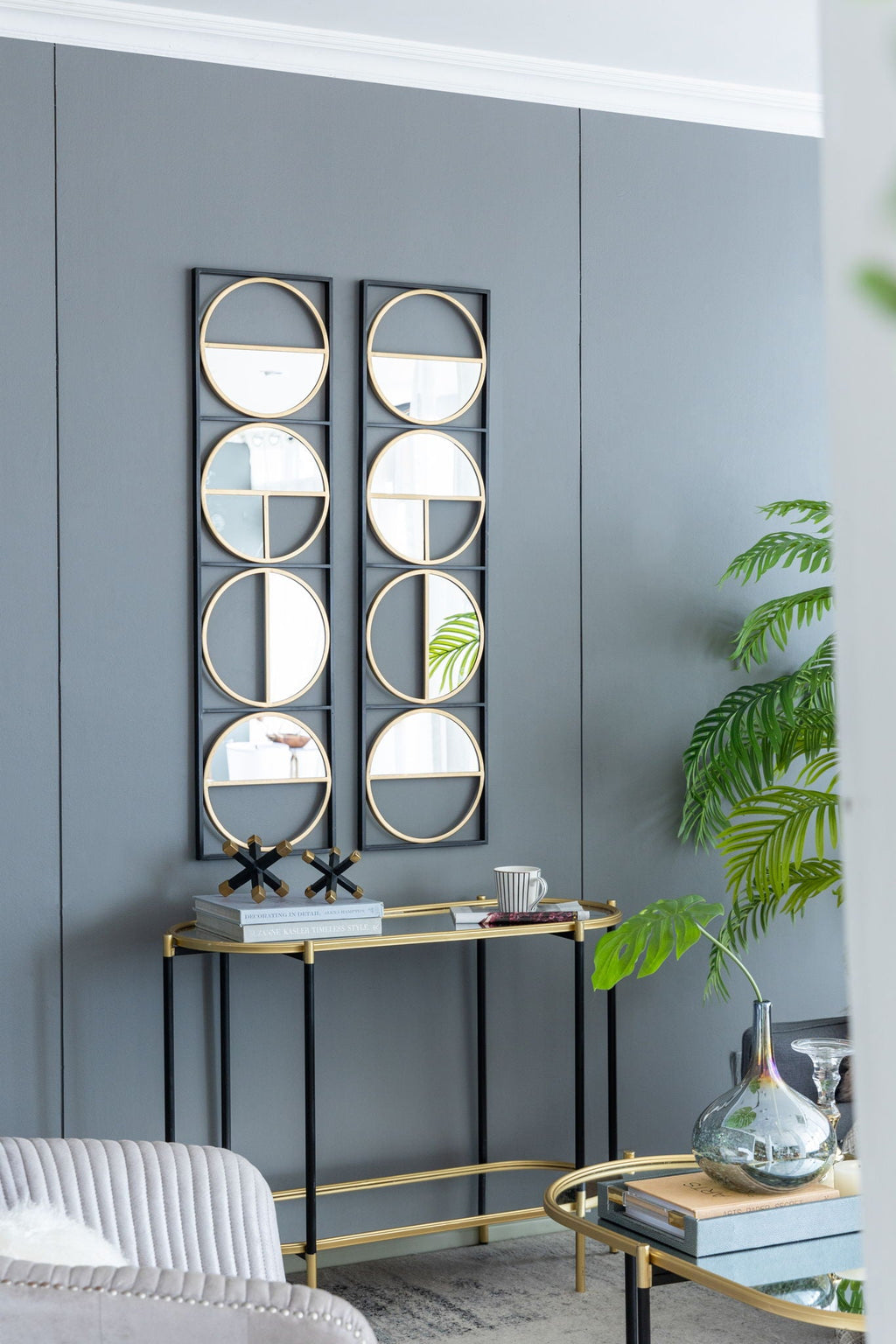 Metal Beaded Accent Mirror with Eclectic Contemporary Design - Gray