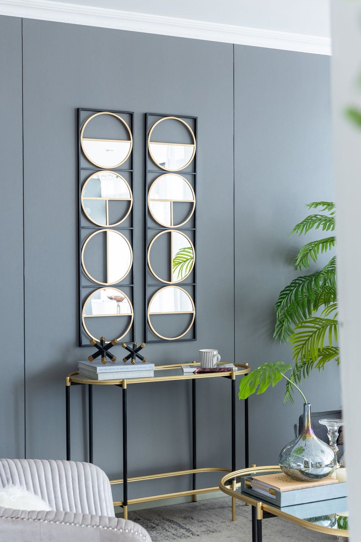 Metal Beaded Accent Mirror with Eclectic Contemporary Design - Gray