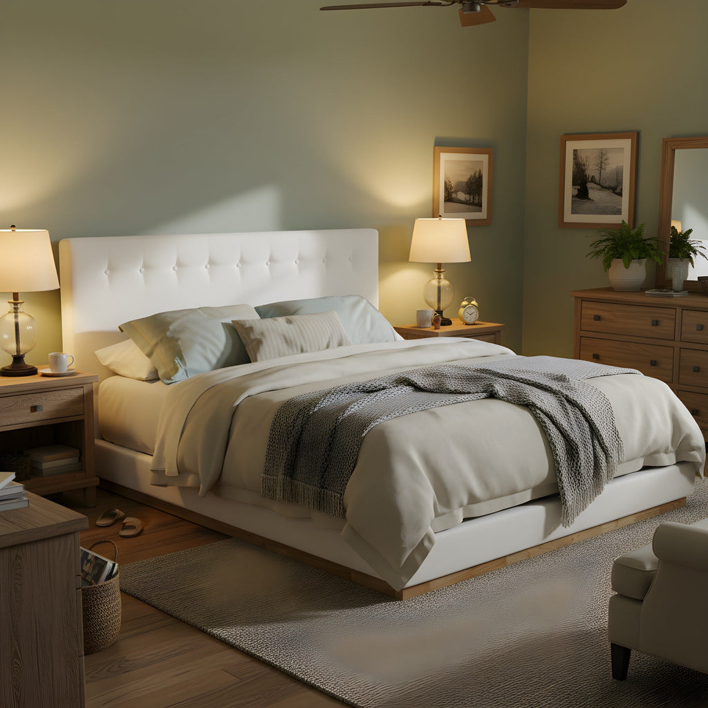 Solid Rubber Wood Platform Bed with Upholstered Headboard - White