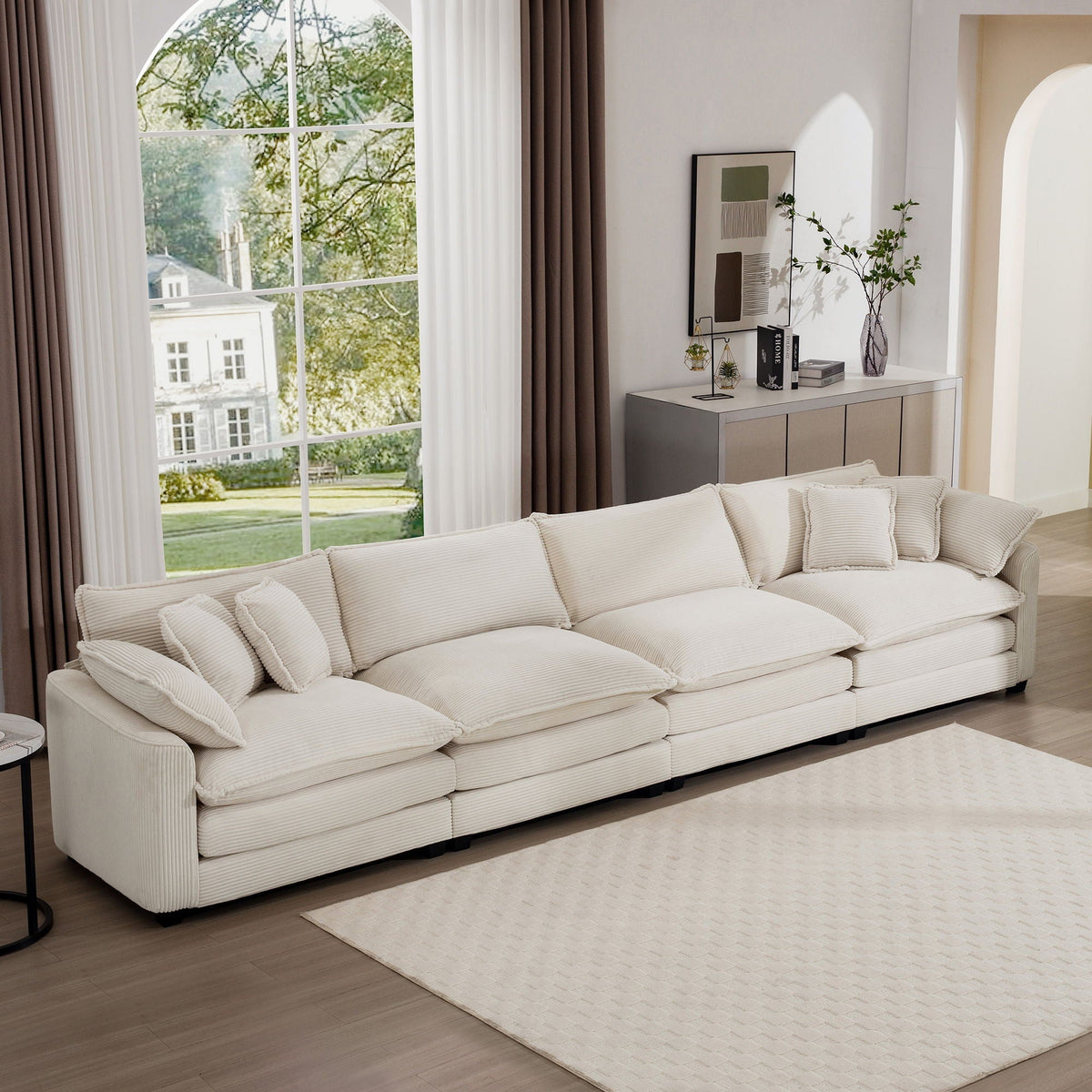 Modern Upholstered 4 Seater Fabric Sofa with Arm and Throw Pillows - Multiple Colors