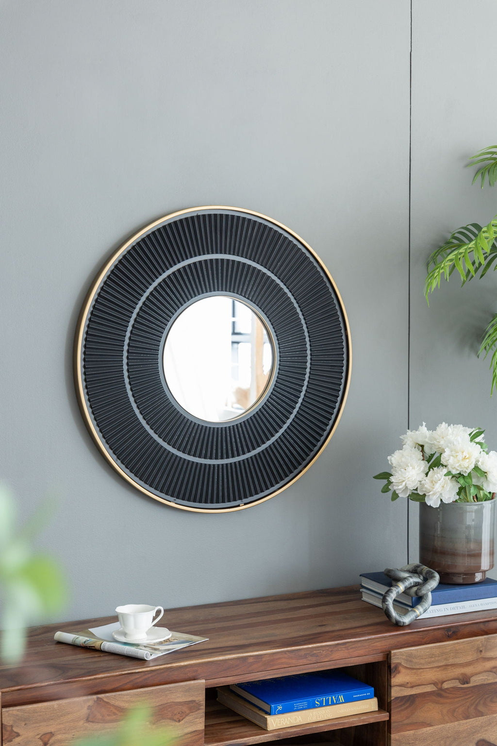 Round Wooden Wall Mirror with Iron Frame - Neutral Colorway