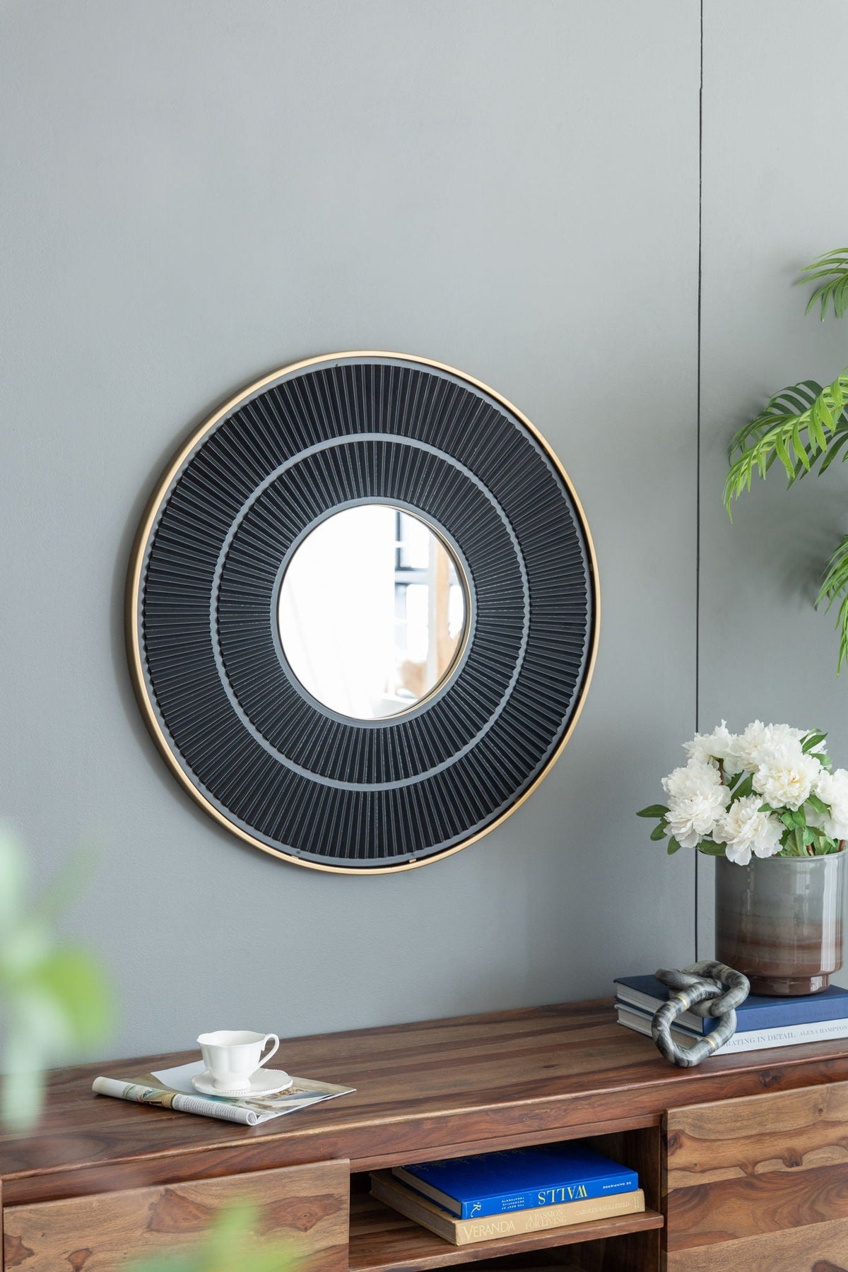 Round Wooden Wall Mirror with Iron Frame - Neutral Colorway