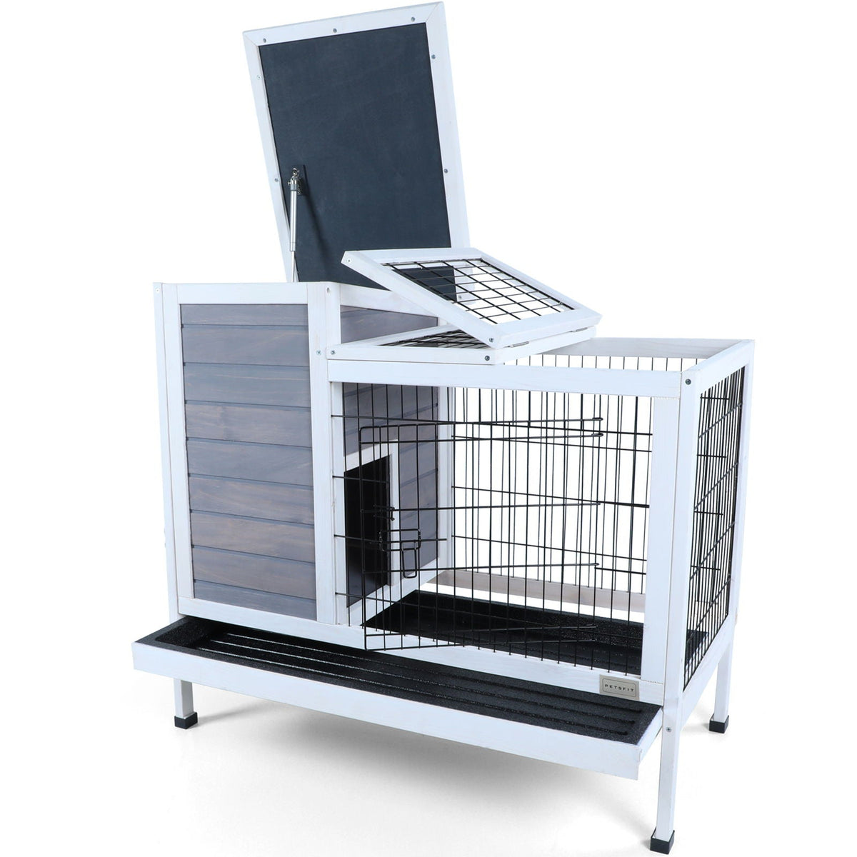 Two Tier Wooden Rabbit Cage with Leak-Proof Plastic Tray – Dark Gray or Red