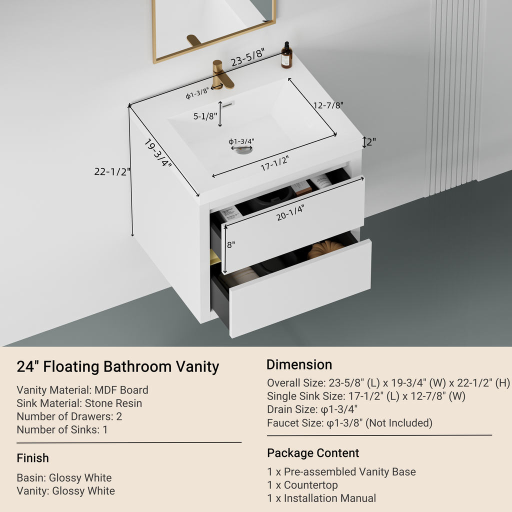 24" Wall-Mounted Bathroom Vanity with Stone Resin Sink and Storage Cabinet