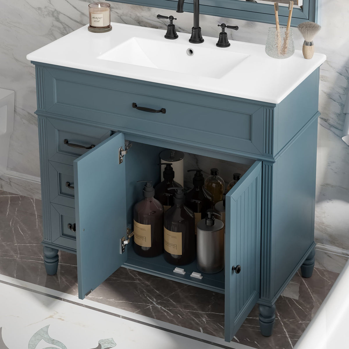 Bathroom Vanity With Sink and Drawers - Freestanding Solid Wood Cabinet