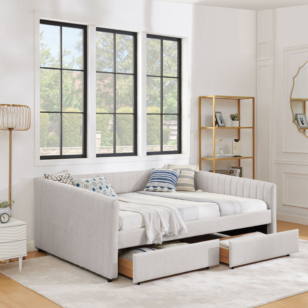 Upholstered Queen Daybed with 2 Drawers - Fabric Storage Bed - Beige or Gray