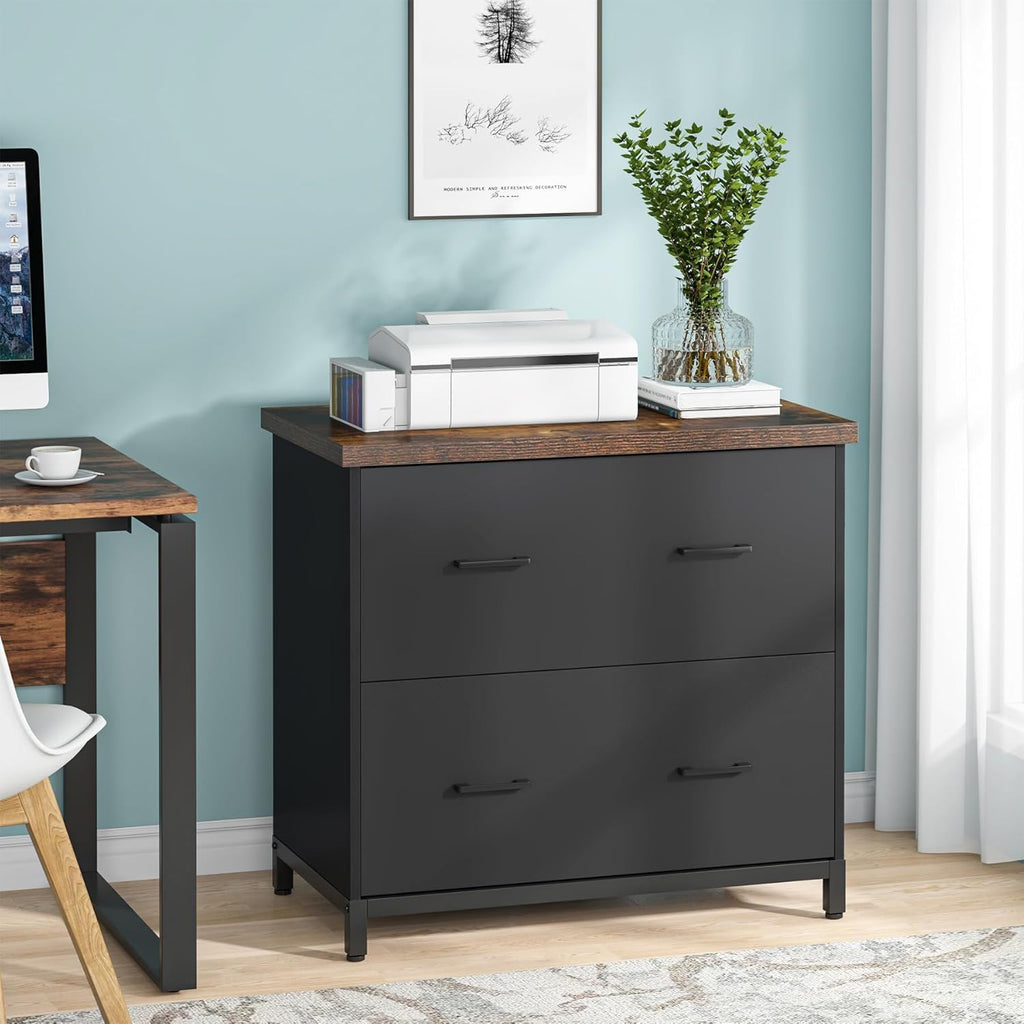 2 Drawer Lateral File Cabinet with Heavy Duty Steel Frame - Brown/Black