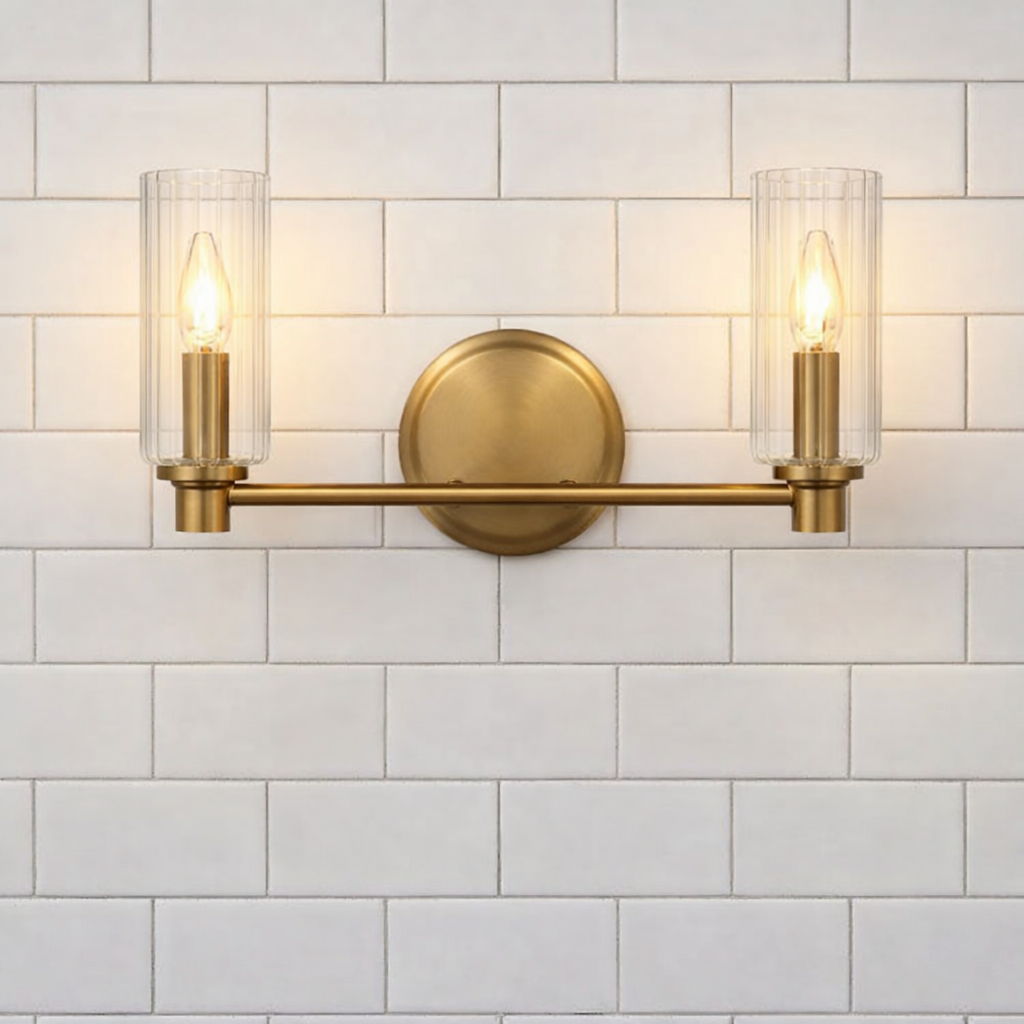 Regal Double Light Vanity With Clear Ribbed Satin - Antique Brass / Clear