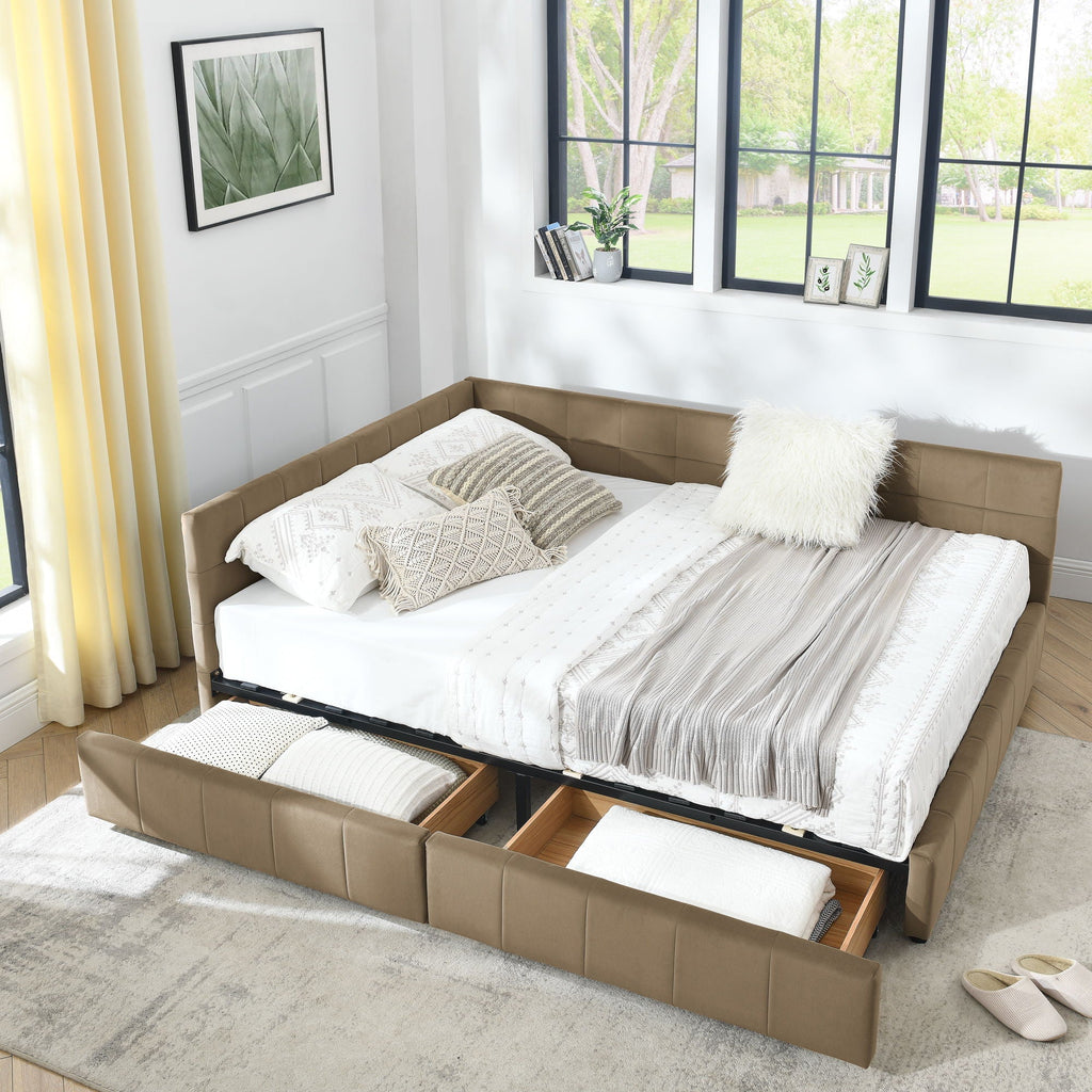 Mid-Century Storage Upholstered Tufted Bed Frame with Backrest and Armrests - Multiple Colors