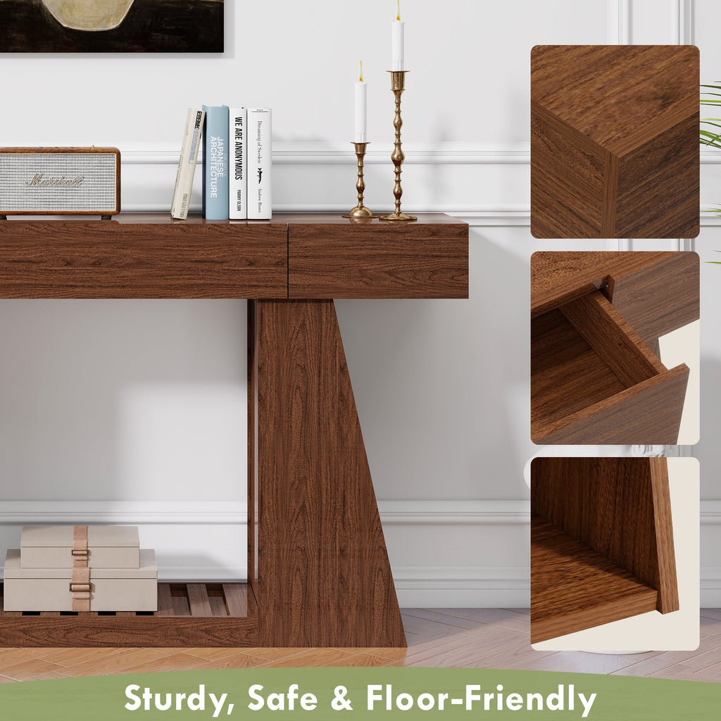 60 Inch Narrow Console Table with Built-in Power Outlet - Natural Wood Brown
