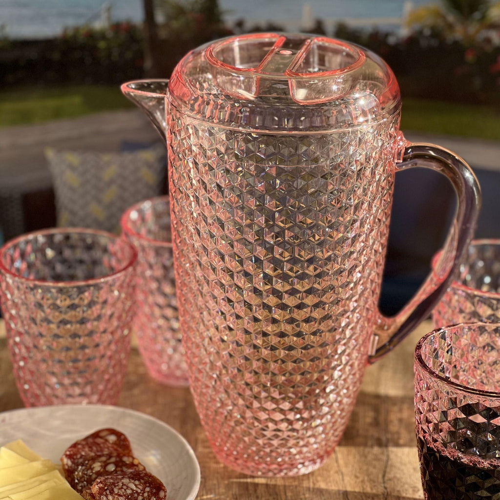 Diamond Cut Unbreakable Plastic Water Pitcher with Lid - Blue or Pink