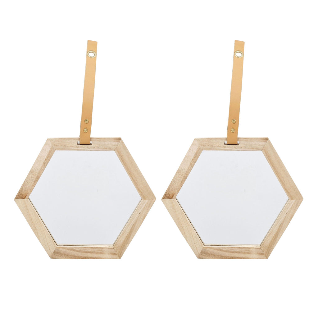 Light Brown Hexagon Wall Accent Mirror with Wood Frame – Set of 2
