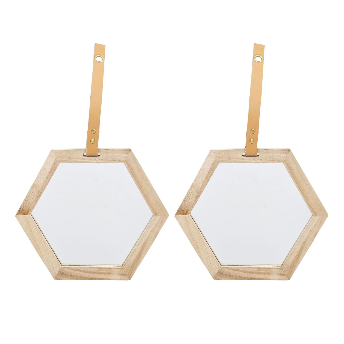 Light Brown Hexagon Wall Accent Mirror with Wood Frame – Set of 2