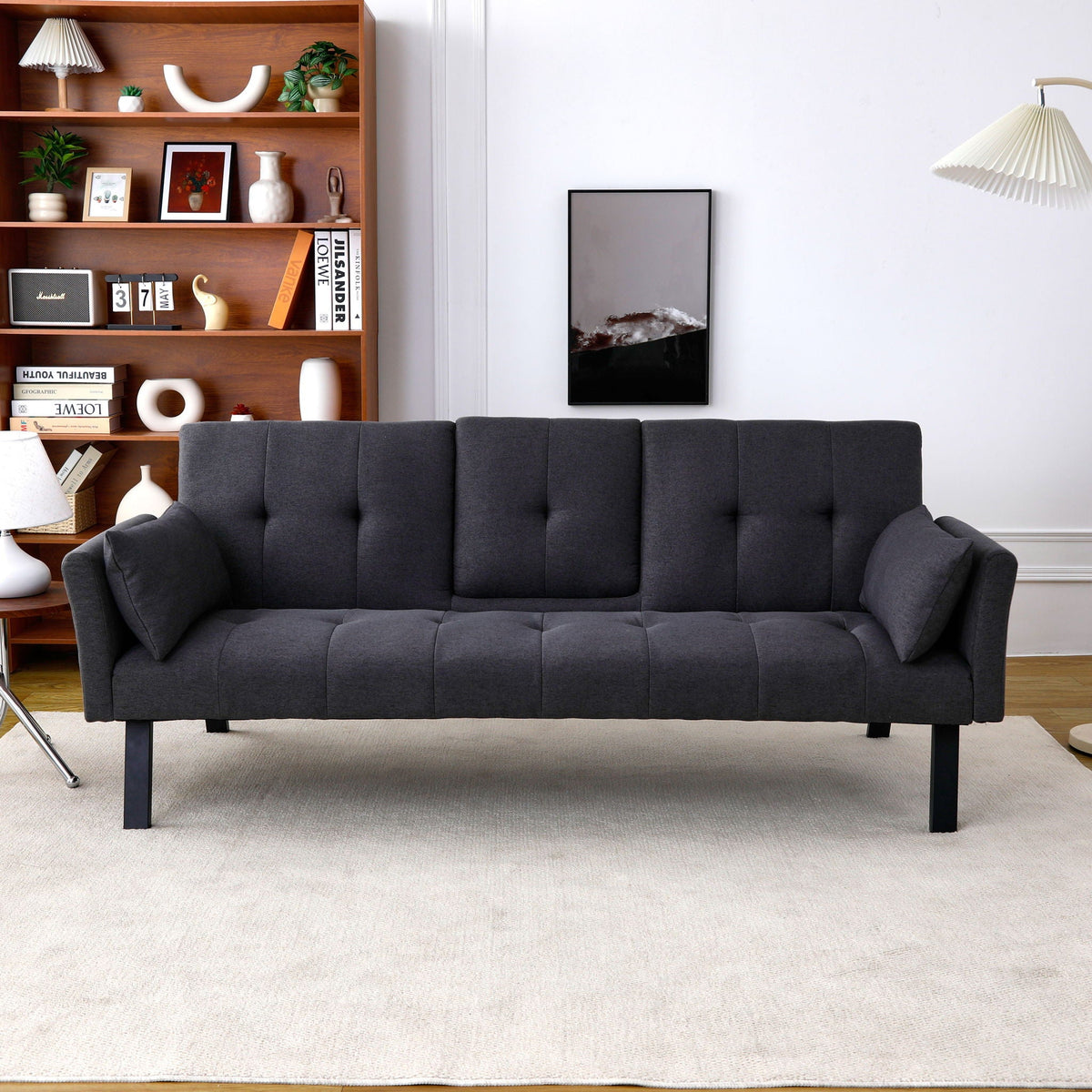 Foldable Sofa Bed with Cup Holder and Solid Wood Frame - Multiple Colors