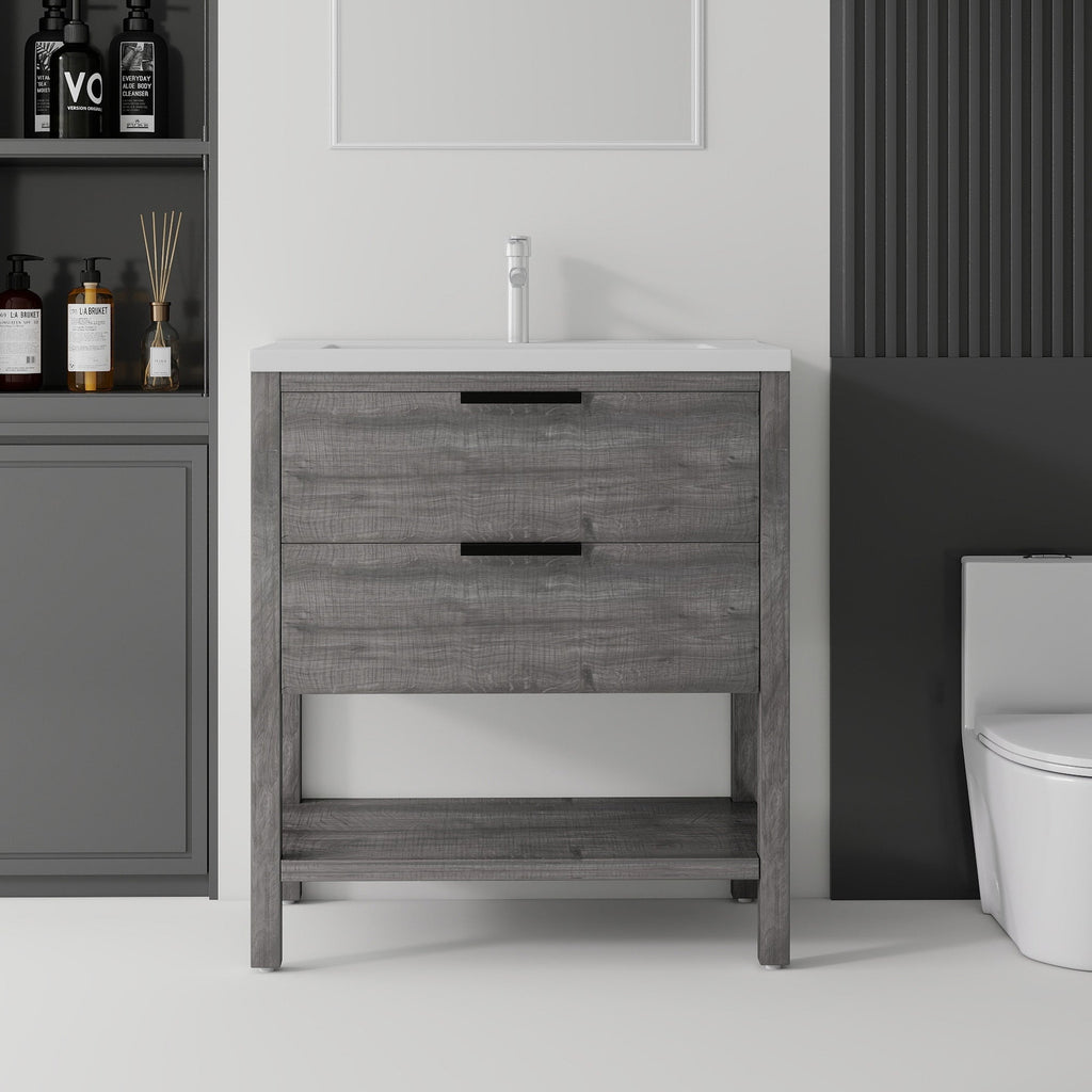 36 Inch Freestanding Bathroom Vanity with Ceramic Sink and Soft-Close Drawer - Grey