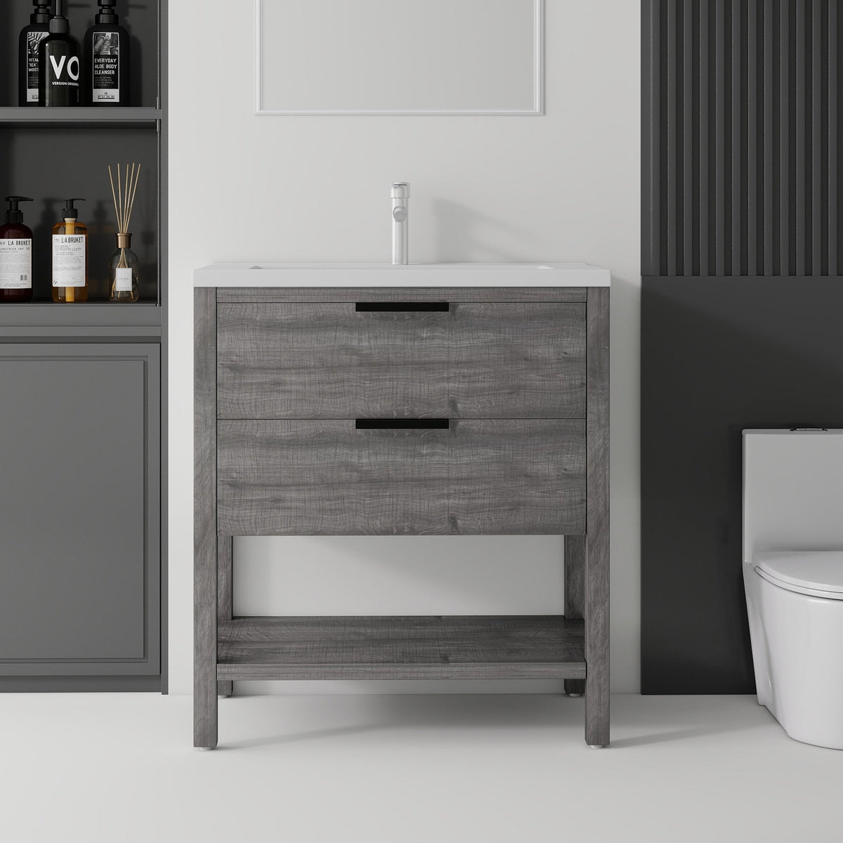 36 Inch Freestanding Bathroom Vanity with Ceramic Sink and Soft-Close Drawer - Grey