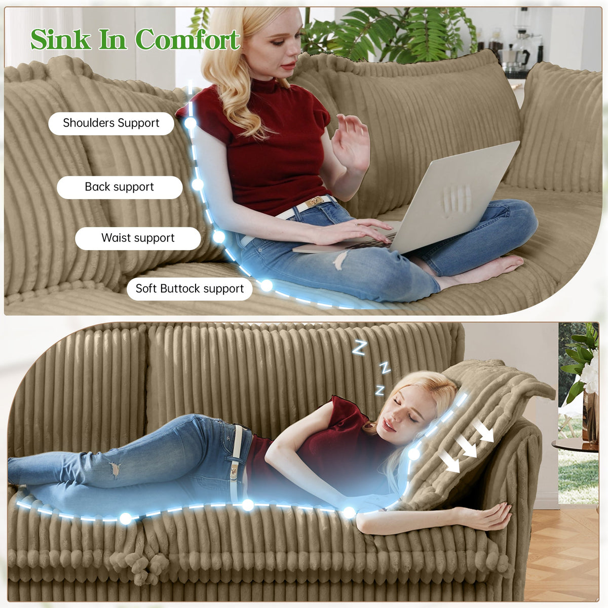Slipcovered Long Sofa - 4 Seater Couch with Removable Covers - Camel Corduroy