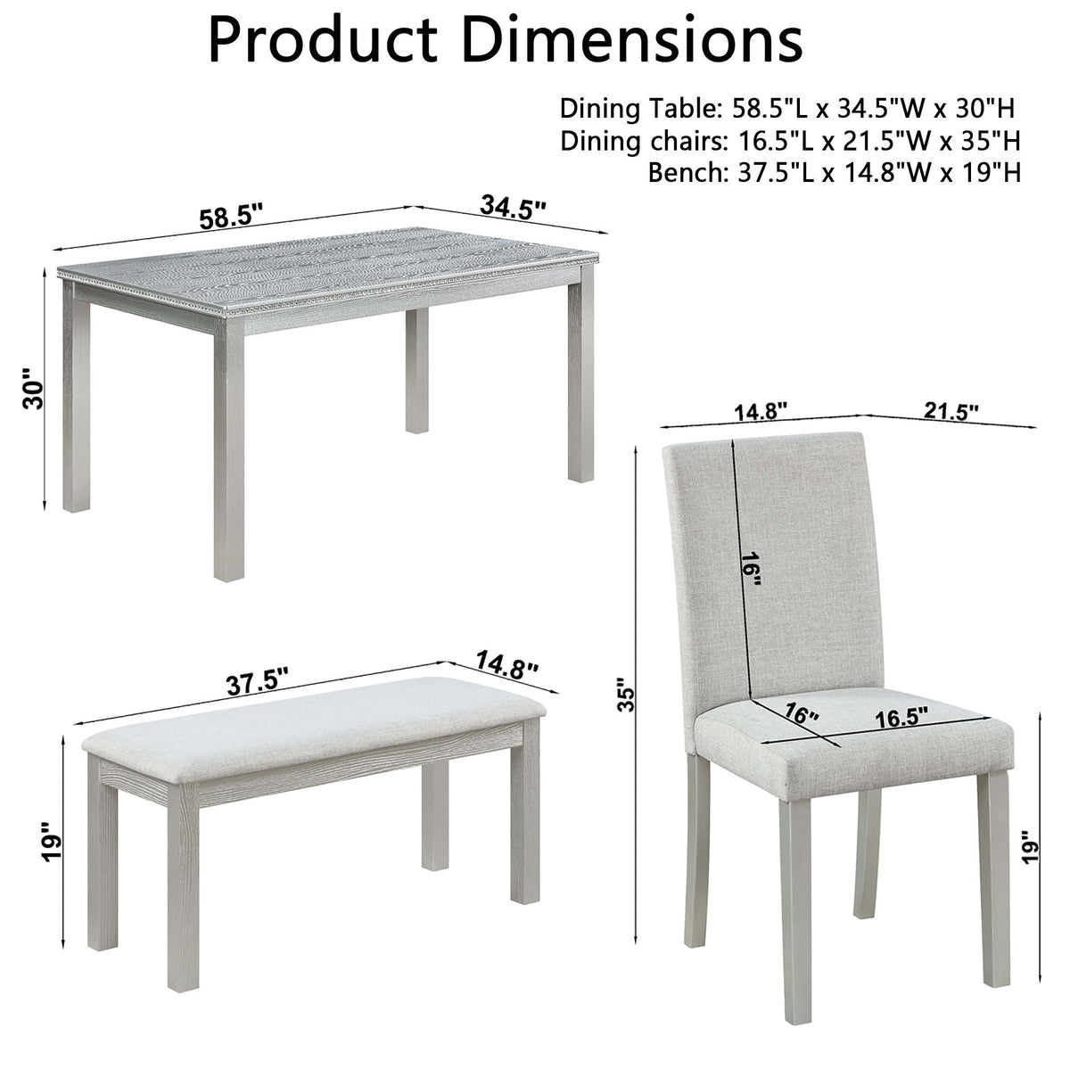 Dining Table Set with Crystal Decoration and Upholstered Chairs - Gray or White
