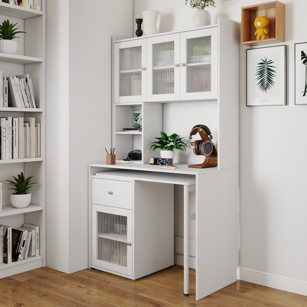 Computer Desk with Glass Door – Ample Storage and Workspace - Brown