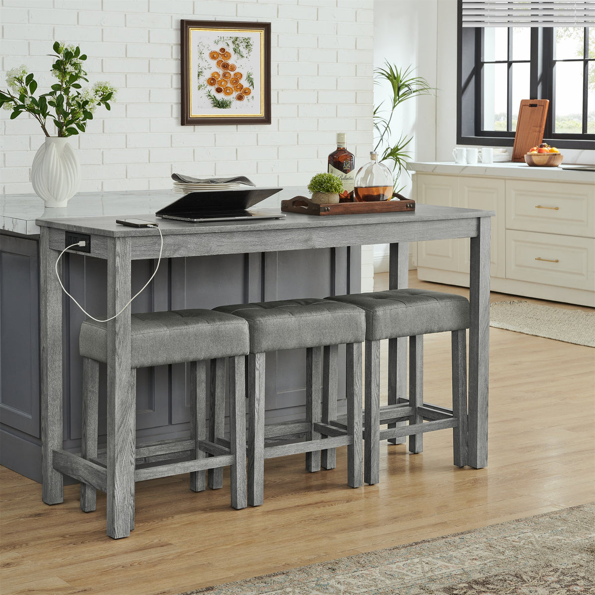 59 Inch Bar Table and Chair Set with Power Outlet - Solid Wood & MDF