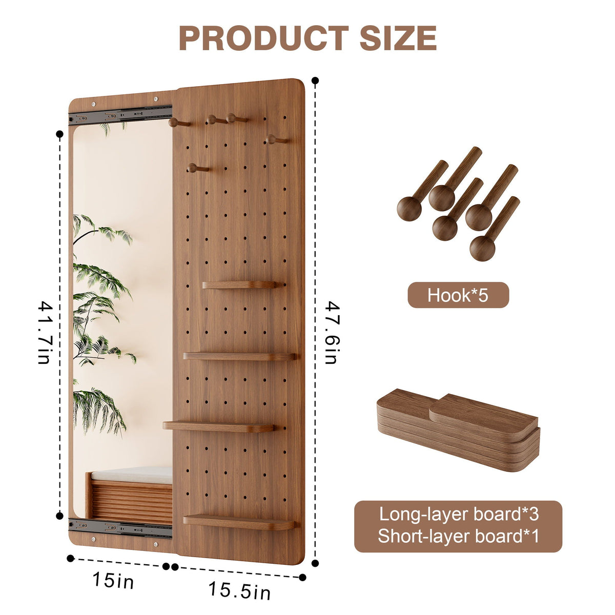 Full Length Wall Mounted Mirror with Shelf and Hook - Dark Brown, White, or Light Brown