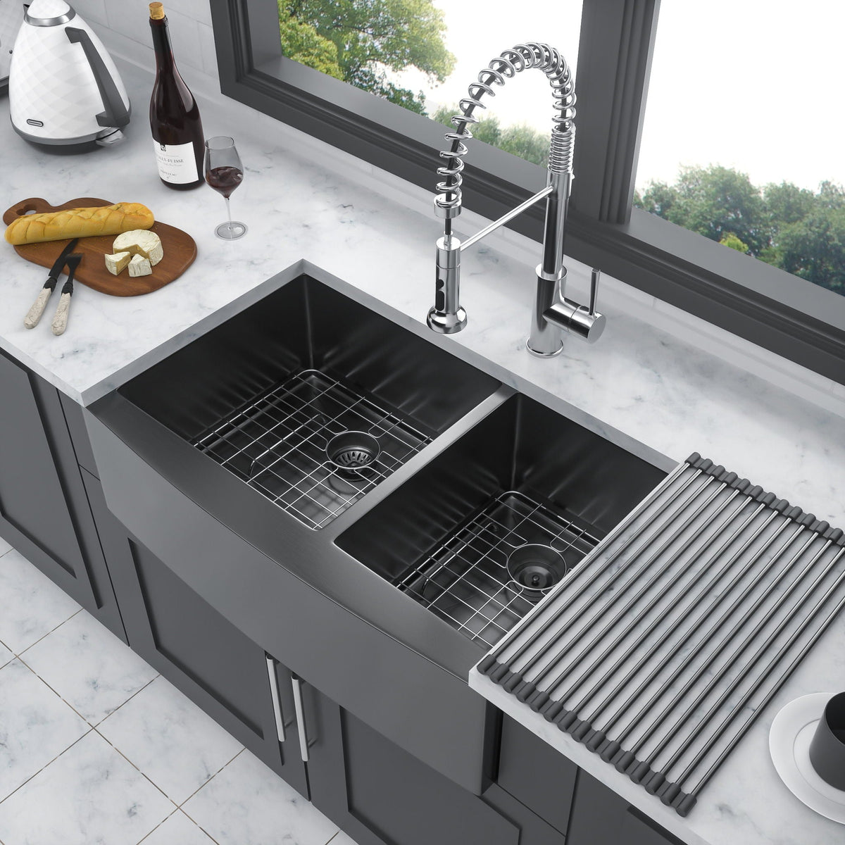 Black Double Bowl Farmhouse Sink with Soundproofing - Stainless Steel