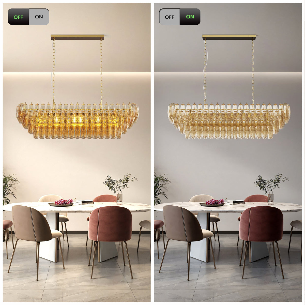 Modern Rectangle Gold Chandelier with Smoke Glass Lights - 54"