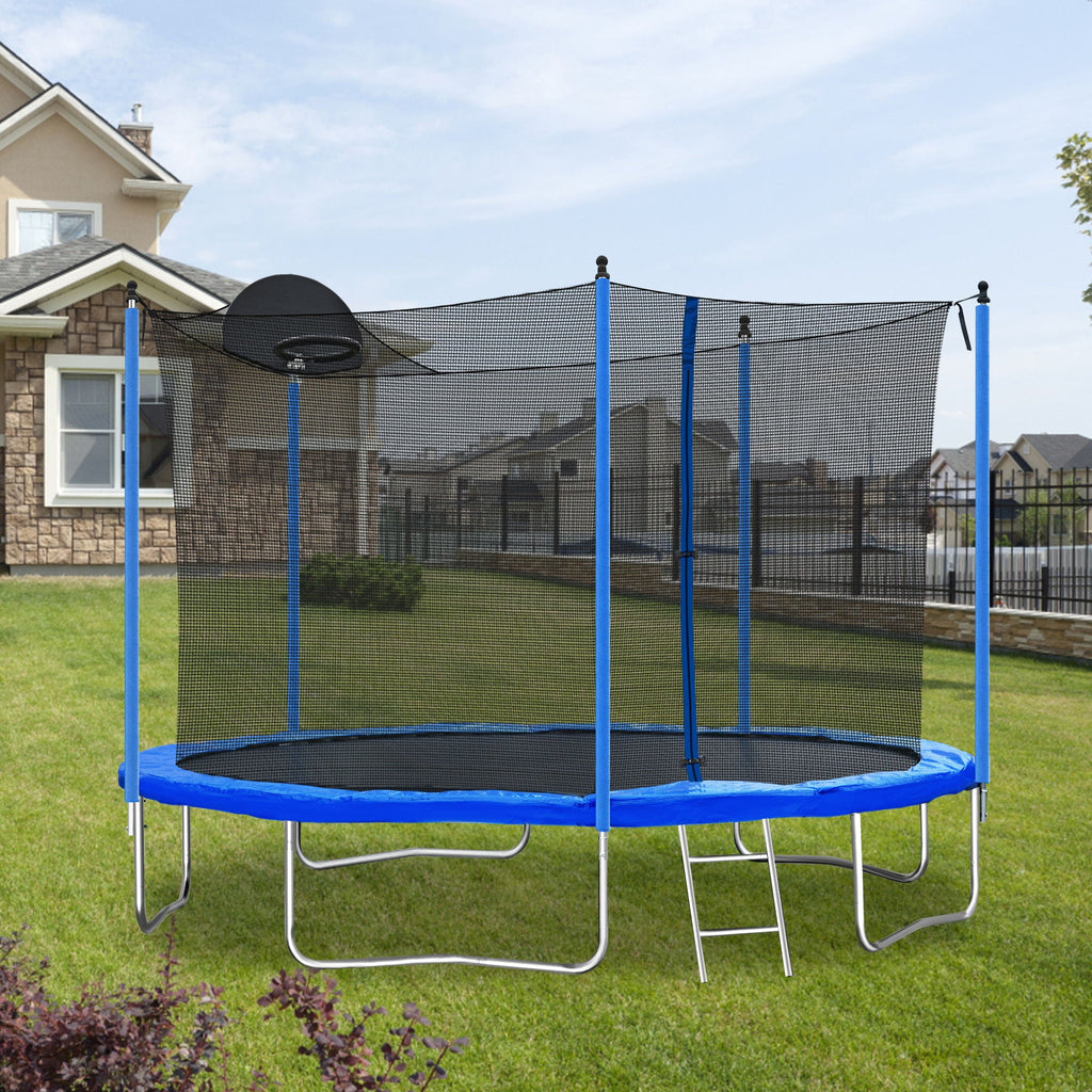 12Ft Trampoline with Basketball Hoop and Safety Net - Blue