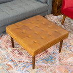 Tufted Square Genuine Upholstered Ottoman with High-Density Foam - Light Brown