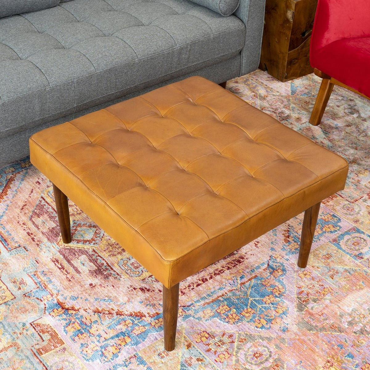 Tufted Square Genuine Upholstered Ottoman with High-Density Foam - Light Brown