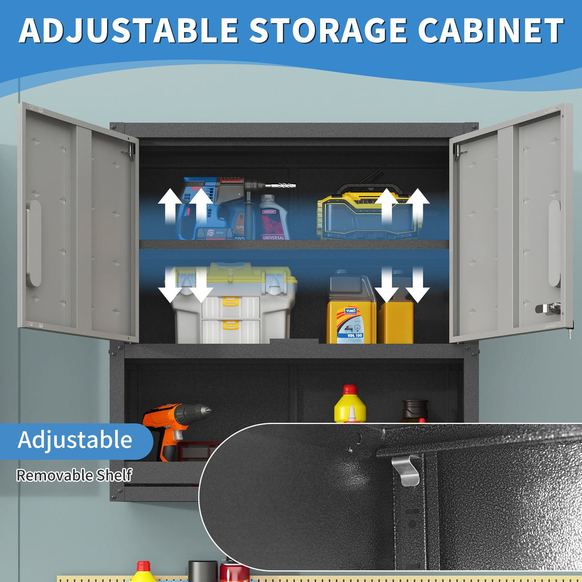 Metal Wall Mounted Tool Storage Cabinet with Locking Door - Gray