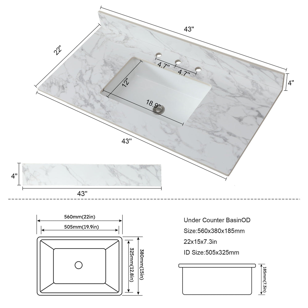 Elegant Sintered Stone Bathroom Vanity Top with Rectangular Undermount Ceramic Sink - White