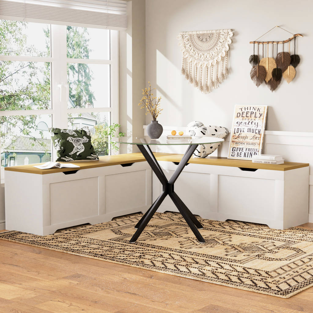 3-Piece L-Shaped Multi-Functional Storage Bench with Cushion - White/Natural
