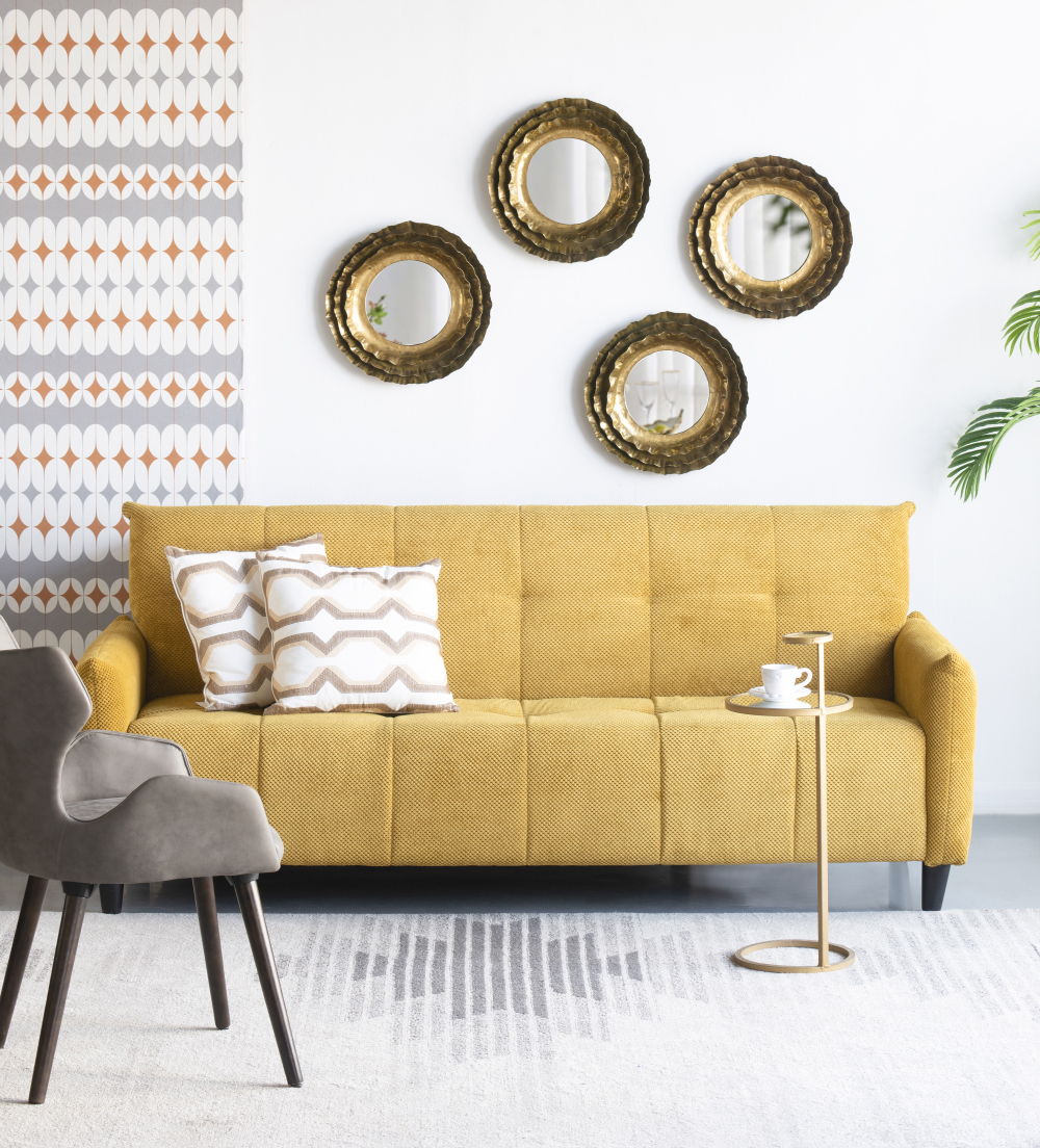 Round Wall Mirror with Metal Frame and Layered Flower Design - Gold