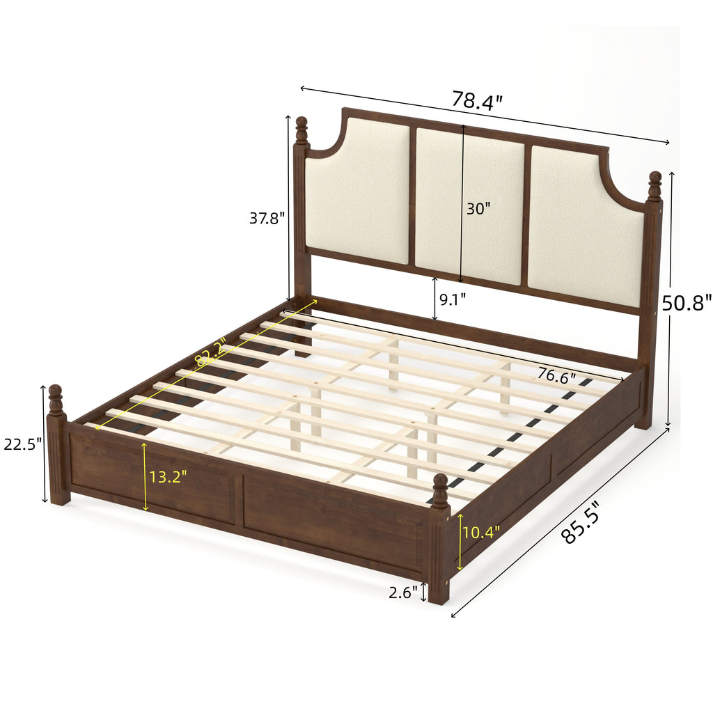 King Size Farmhouse Solid Wood Platform Bed Frame with 50.8" Tall Headboard - Walnut