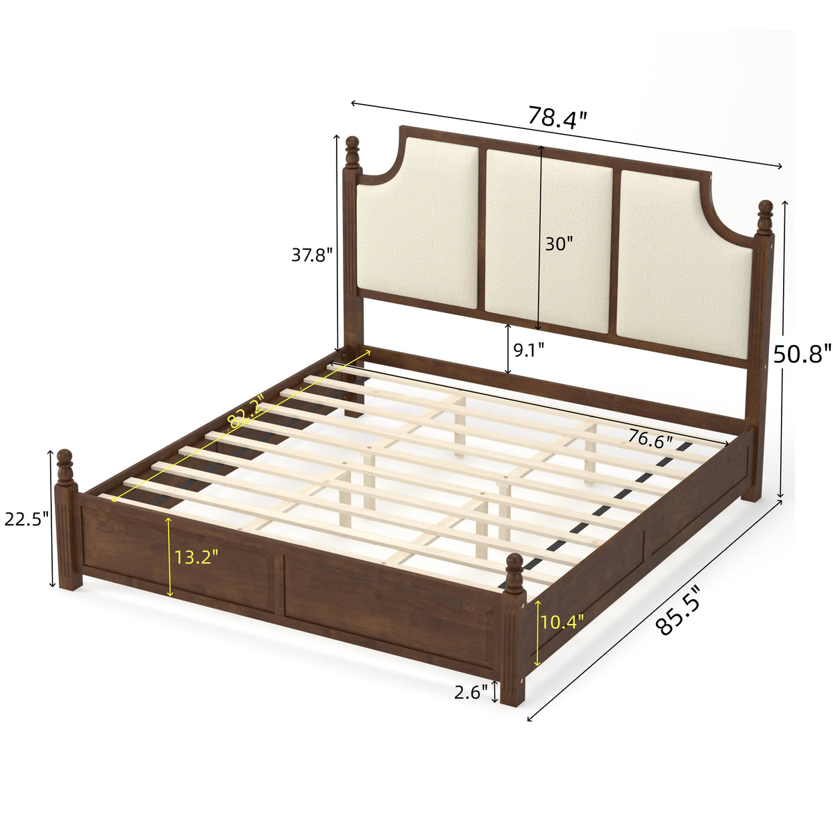 King Size Farmhouse Solid Wood Platform Bed Frame with 50.8" Tall Headboard - Walnut