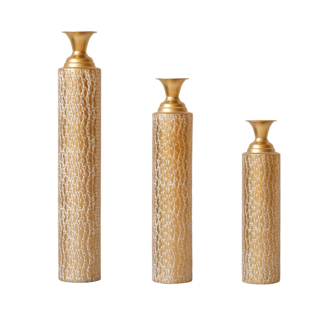 Gold Metal Floor Vases Set with Vine Pattern – Set of 3