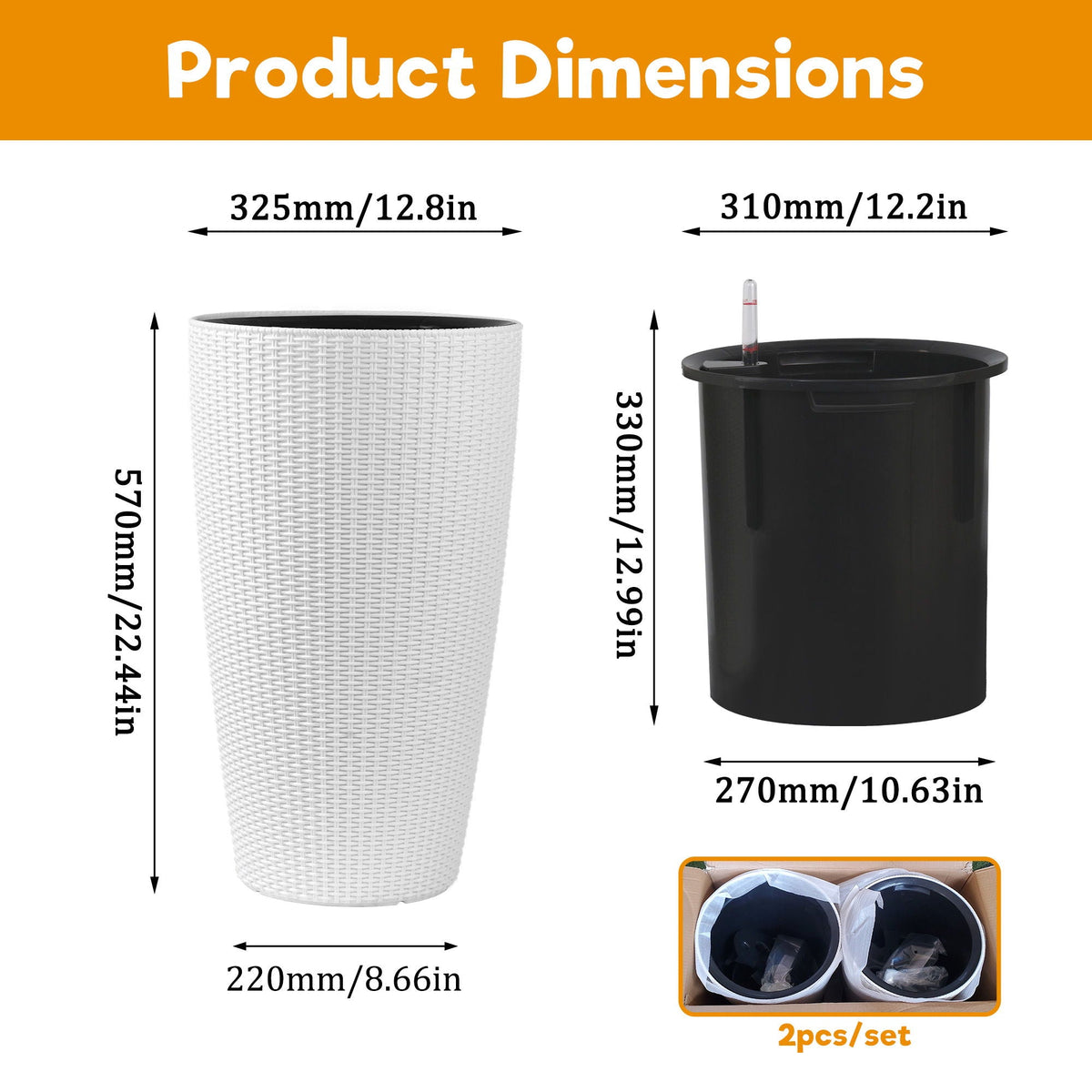 Tall Planters Set with Auto Watering and Water Level Monitor - Polypropylene