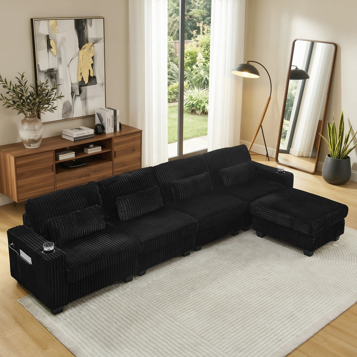 L-Shaped Corduroy Modular Sectional Sofa with Detachable Footrest - Black